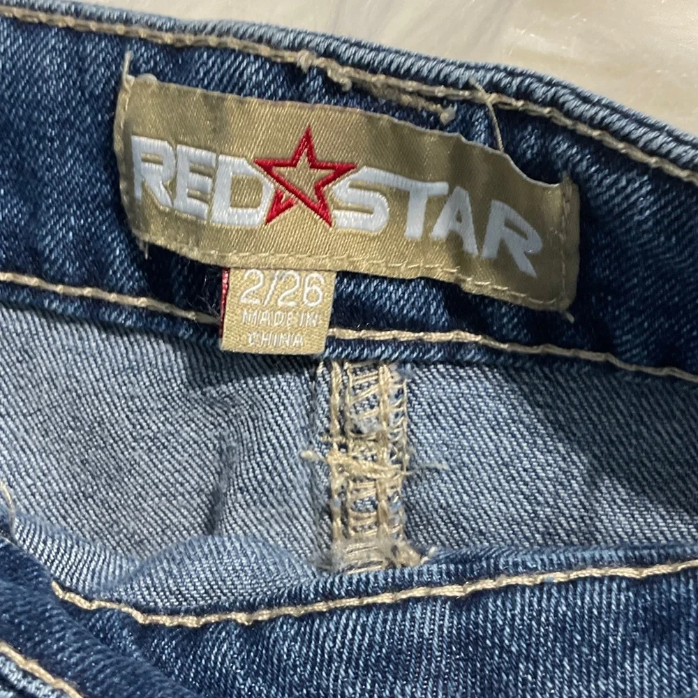 Red Star Button-Front Medium Blue Distressed Denim Mini Skirt Size 2 - Picture 9 of 16